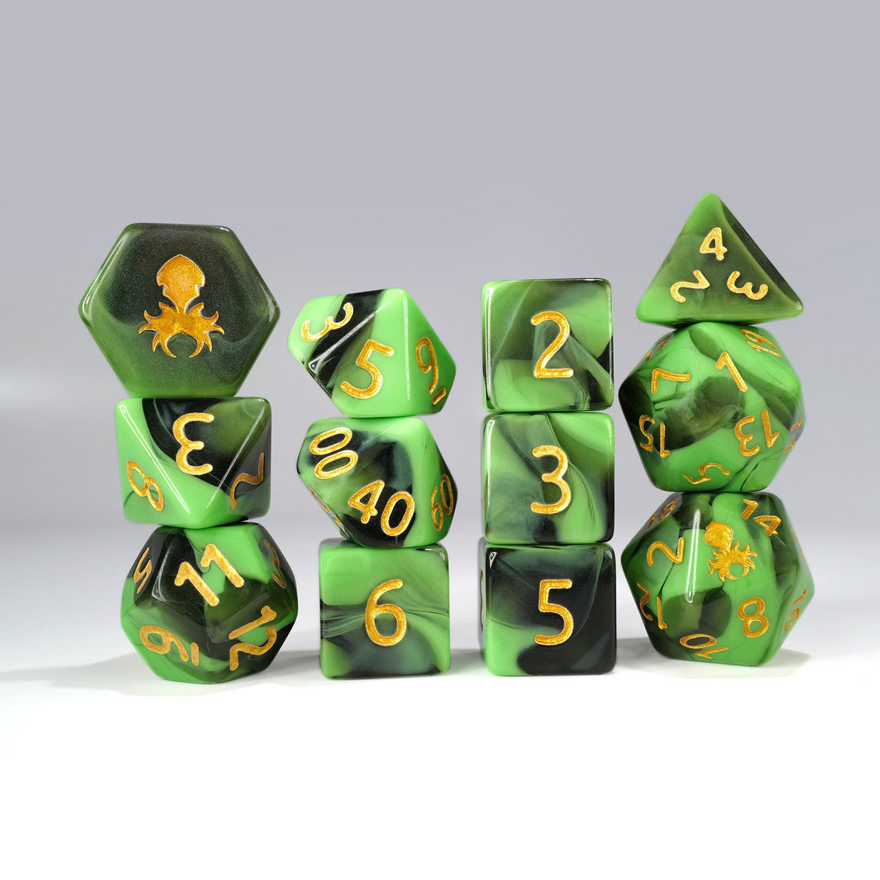 12pc Green and Black Gummi Polyhedral Dice Set